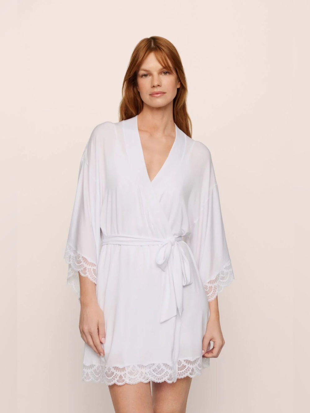 Eberjey Mariana White Lace Trim  Modal kimono style robe Small  wedding bridal